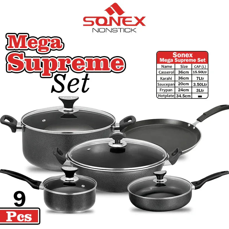 JS Junoon Sonex Nonstick Mega Supreme Cookware Set – 9 Pcs Large Set with Glass Lids - JSJunoon.com