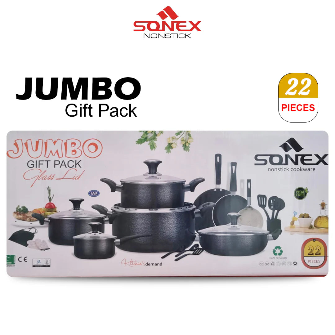 JS Junoon Sonex Non Stick Jumbo Gift Pack with Glass Lids – 22Pcs Complete Cookware Set