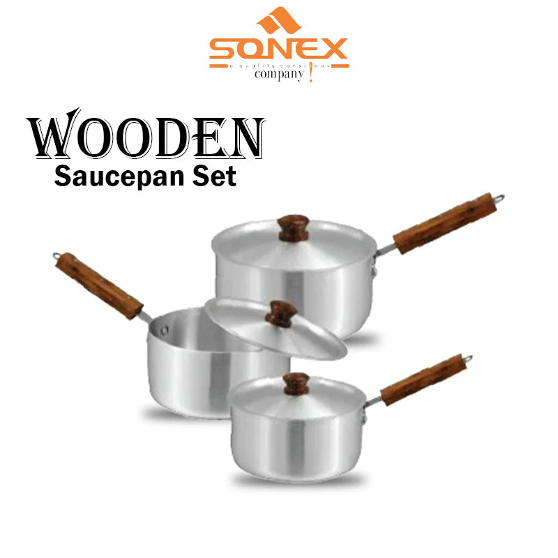 JS Junoon Sonex Metal Finish 3 Saucepan Set – Wooden Handle – Durable Aluminum Cookware