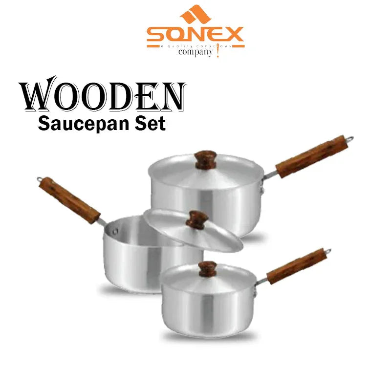 JS Junoon Sonex Metal Finish 3 Saucepan Set – Wooden Handle – Durable Aluminum Cookware - JSJunoon.com
