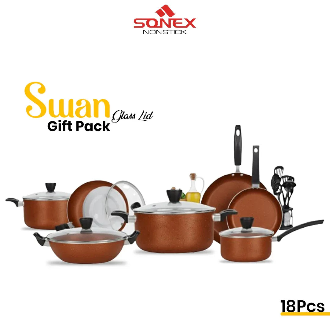 JS Junoon Sonex Nonstick Swan Gift Pack – 18 Pcs Premium Cookware Set with Glass Lids - JSJunoon.com