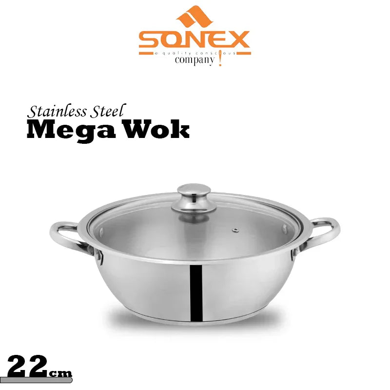JS Junoon Sonex Mega Wok with Glass Lid – Stainless Steel, 22–32cm Durable Cookware - JSJunoon.com