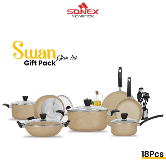 JS Junoon Sonex Nonstick Swan Gift Pack – 18 Pcs Premium Cookware Set with Glass Lids