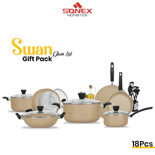 JS Junoon Sonex Nonstick Swan Gift Pack – 18 Pcs Premium Cookware Set with Glass Lids - JSJunoon.com