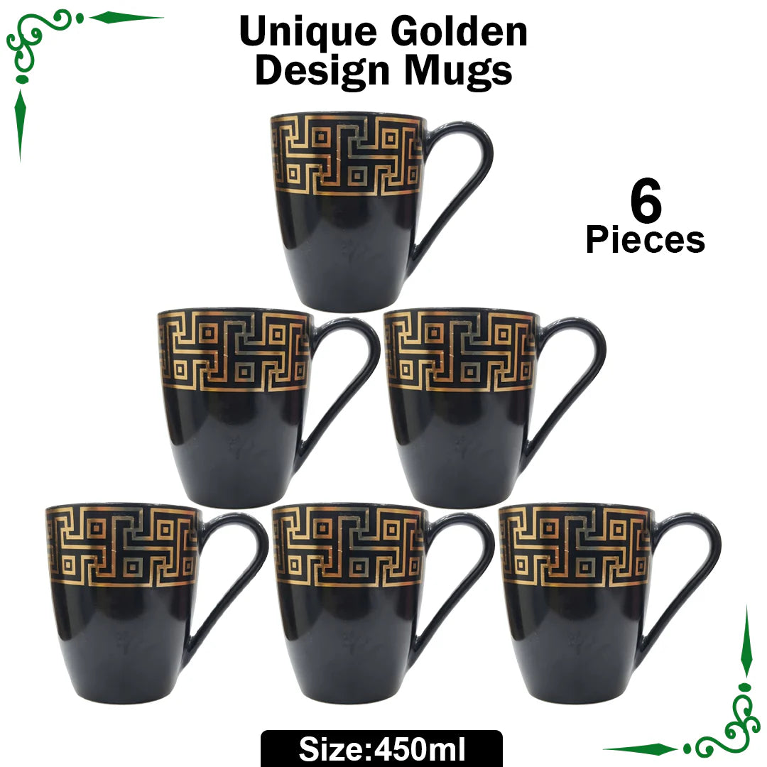 JS Junoon Best Quality Unique Golden Design Mugs Set – 6-Piece, 450ml Large, Perfect for Juice, Tea & Coffee