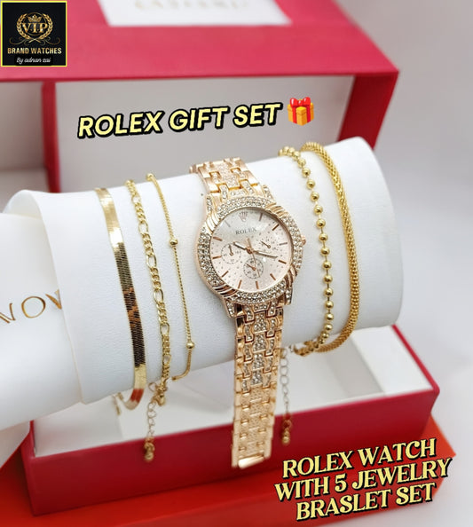 olex Girls Diamond Jewelry Watch Gift Set – 5-Piece Bracelet Combo with Premium Chain & VIP Gift Box – Elegant Women's Fashion Set