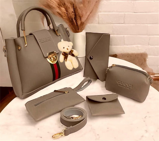 Gucci 5pcs Lock Style Set – High-Quality Bag with Makeup Pouch, Mobile Pouch, Glass Wallet, Coin Pouch & Long Wallet with Safety Lock (Without Bear Keychain) Available In Multicolors