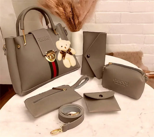 Gucci 5pcs Lock Style Set – High-Quality Bag with Makeup Pouch, Mobile Pouch, Glass Wallet, Coin Pouch & Long Wallet with Safety Lock (Without Bear Keychain) Available In Multicolors - JSJunoon.com