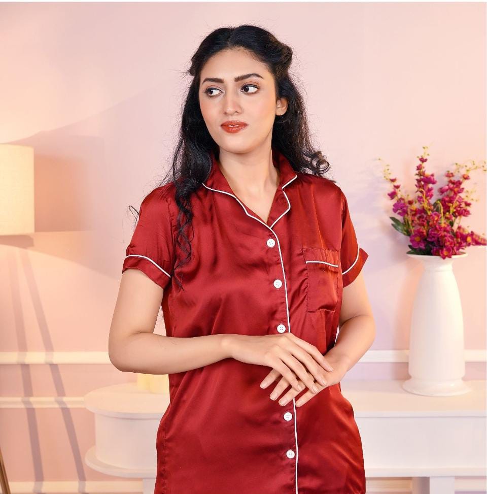 JS Junoon Pipin Silk Night Suit Set – Luxurious Imported Silk Shirt & Pajama for Women – Sizes M, L, XL