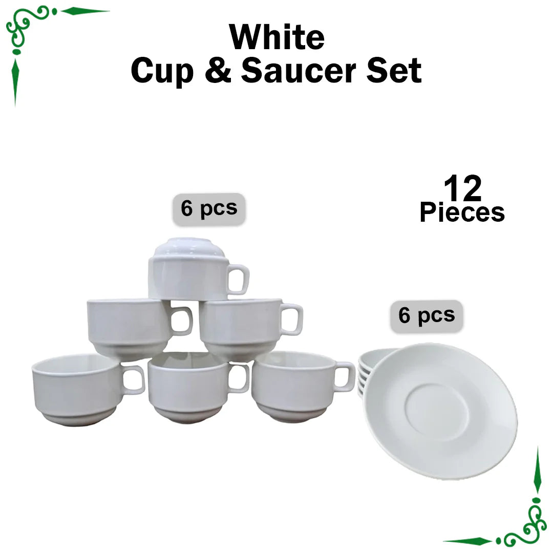 JS Junoon White Super Lamp Cup & Saucer Set – 12-Piece Premium Tea & Coffee Drinkware