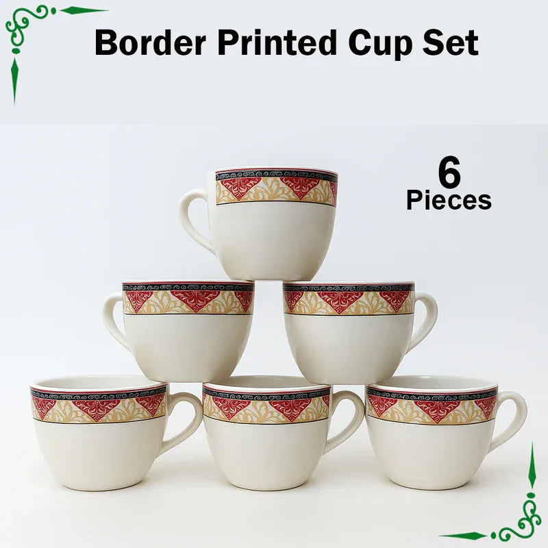 JS Junoon Red Border Printed Cup Set – 6-Piece Premium Tea & Coffee Drinkware - JSJunoon.com