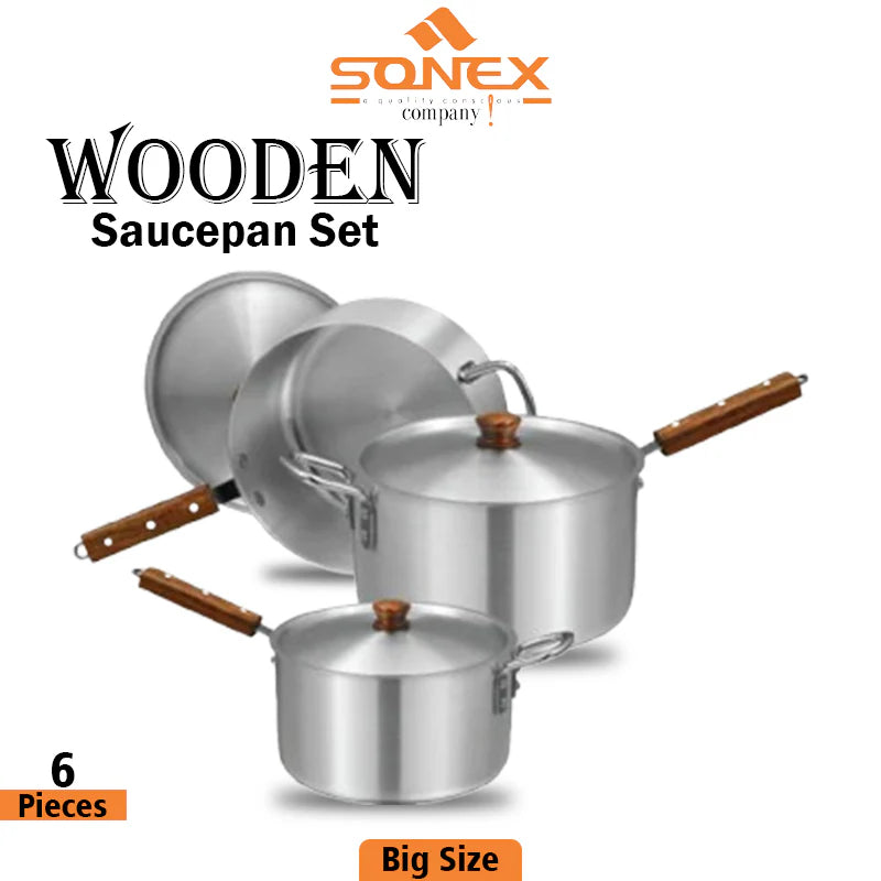 JS Junoon Sonex Metal Finish Saucepan Set – 4 Pcs (Wooden Handle) Durable Aluminum Cookware