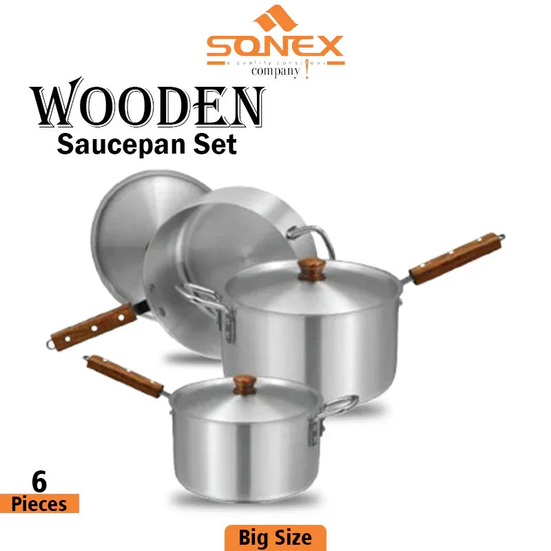 JS Junoon Sonex Metal Finish Saucepan Set – 4 Pcs (Wooden Handle) Durable Aluminum Cookware - JSJunoon.com
