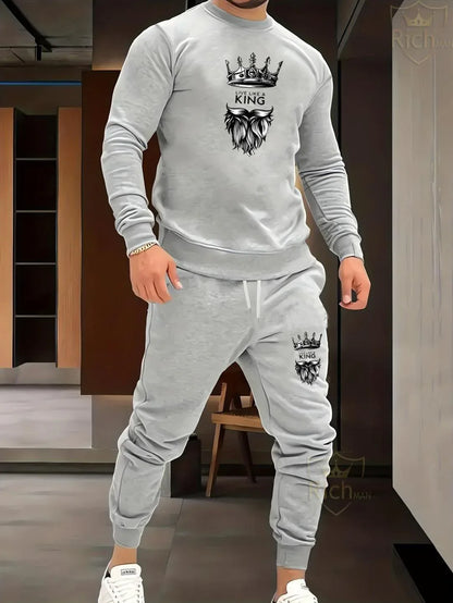 Men's Fleece Graphic Sweatshirt Track Suit – 2 Pcs Grey Winter Activewear - JSJunoon.com
