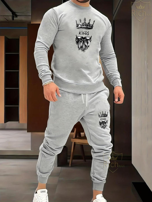 Men's Fleece Graphic Sweatshirt Track Suit – 2 Pcs Grey Winter Activewear