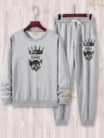 Men's Fleece Graphic Sweatshirt Track Suit – 2 Pcs Grey Winter Activewear - JSJunoon.com
