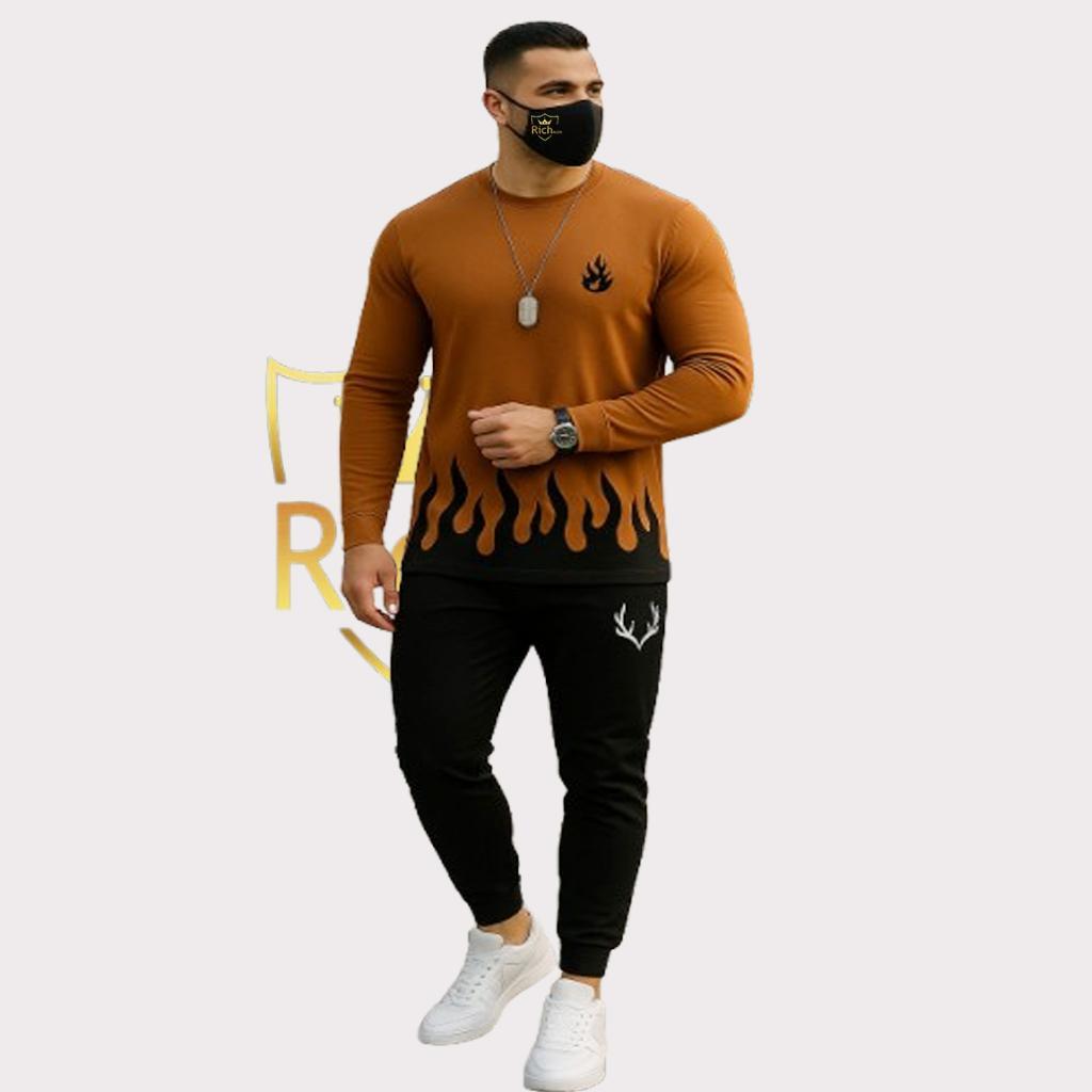 Men's Micro Printed Track Suit – 2 Pcs Brown Activewear Set