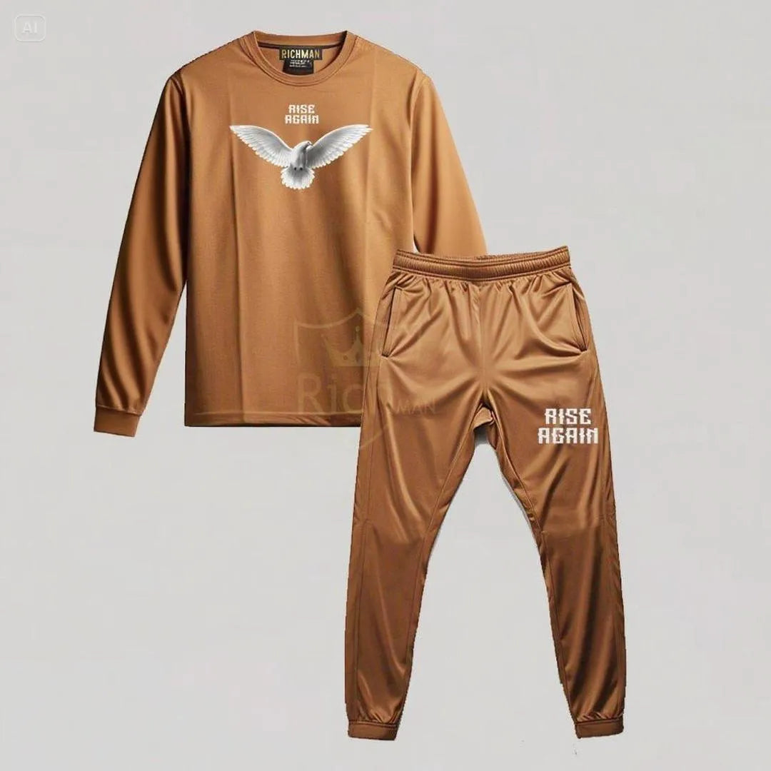 JS Junoon 2 Pcs Men’s Micro Printed Track Suit – Brown, Round Neck Shirt & Trouser Set