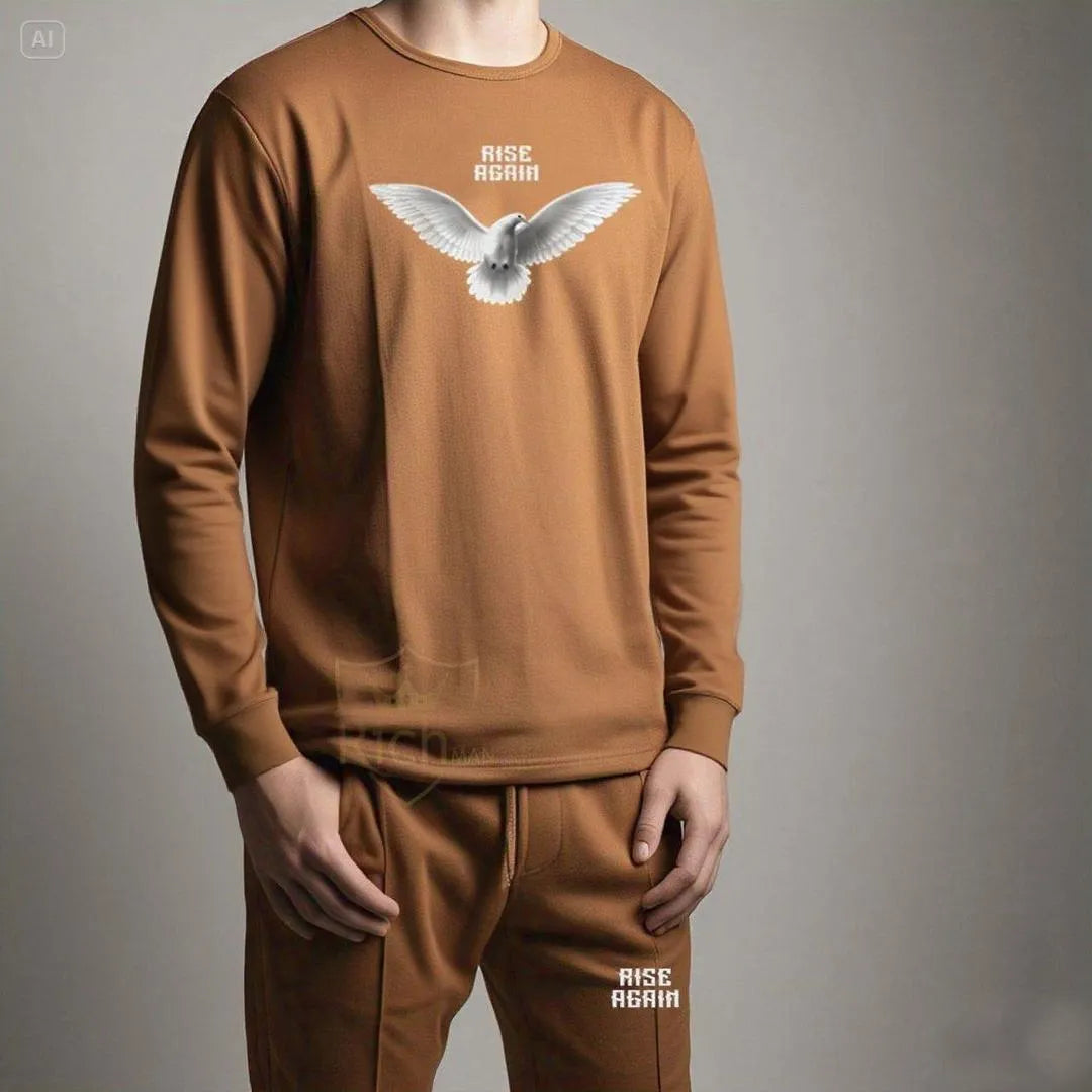 JS Junoon 2 Pcs Men’s Micro Printed Track Suit – Brown, Round Neck Shirt & Trouser Set