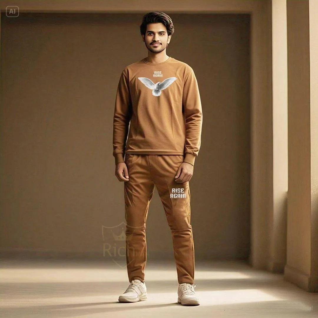 JS Junoon 2 Pcs Men’s Micro Printed Track Suit – Brown, Round Neck Shirt & Trouser Set