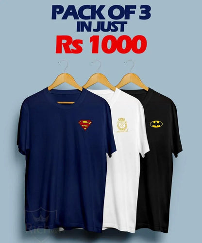 Men's Cotton Jersey Printed Crew Neck T-Shirt – Pack of 3 (White, Blue, Black) - JSJunoon.com