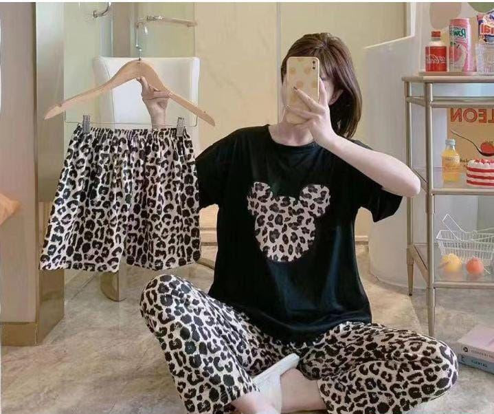 Women’s 3 Pcs Cotton Jersey Printed Night Suit – Shirt, Trouser & Shorts Set