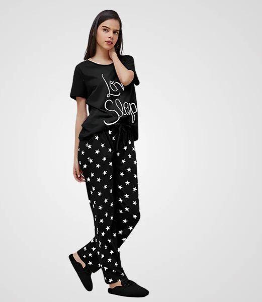 Black Cotton Jersey Women’s Printed Night Suit – 2 Pcs Round Neck Shirt & Trouser
