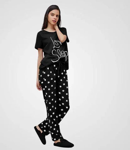 Black Cotton Jersey Women’s Printed Night Suit – 2 Pcs Round Neck Shirt & Trouser - JSJunoon.com