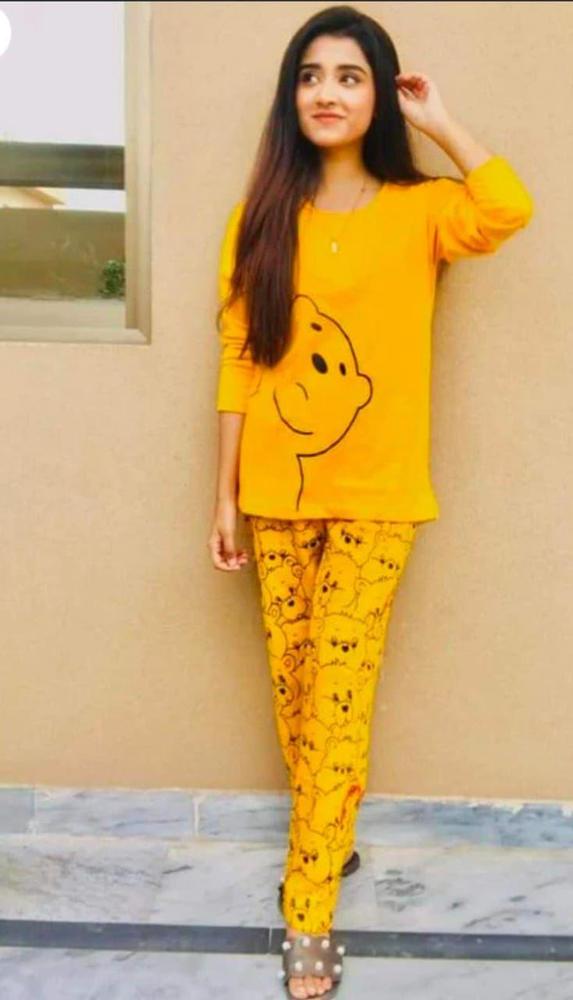 Women’s 2 Pcs Jersey Printed Night Suit – Yellow Sleepwear Set with Shirt & Trouser