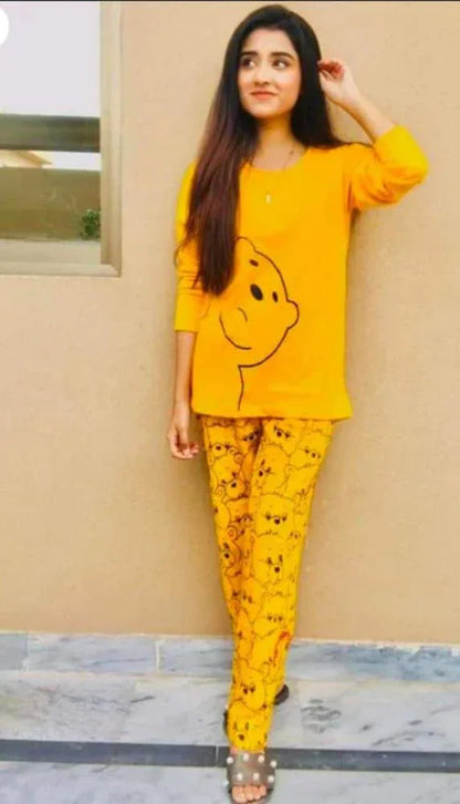 Women’s 2 Pcs Jersey Printed Night Suit – Yellow Sleepwear Set with Shirt & Trouser - JSJunoon.com