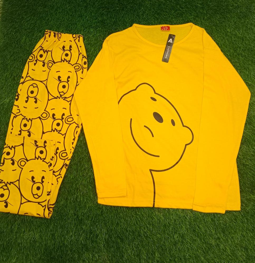 Women’s 2 Pcs Jersey Printed Night Suit – Yellow Sleepwear Set with Shirt & Trouser