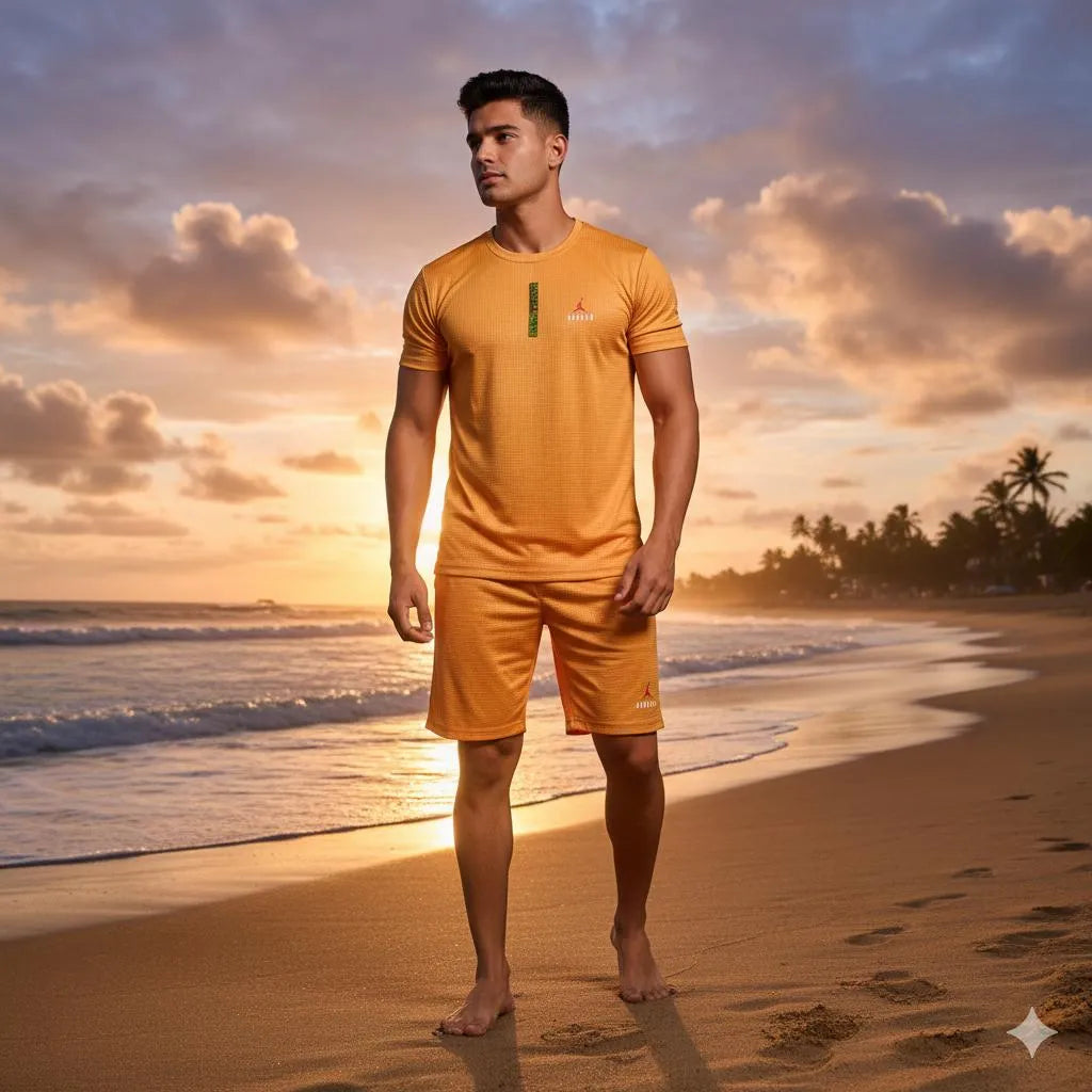 Men’s Summer Casual Letter T-Shirt & Shorts Tracksuit – Mustard, 2 Pcs Set