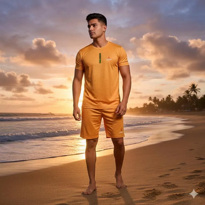 Men’s Summer Casual Letter T-Shirt & Shorts Tracksuit – Mustard, 2 Pcs Set - JSJunoon.com