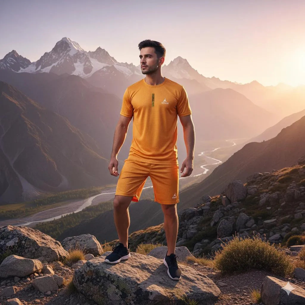 Men’s Summer Casual Letter T-Shirt & Shorts Tracksuit – Mustard, 2 Pcs Set