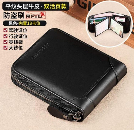 JS JUNOON Men's Genuine Leather Wallet – Stylish Black Zipper Wallet with Multiple Pockets for Cash, Cards & Coins, 1 Pc