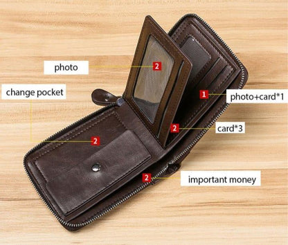 JS JUNOON Men's Genuine Leather Wallet – Stylish Black Zipper Wallet with Multiple Pockets for Cash, Cards & Coins, 1 Pc - JSJunoon.com
