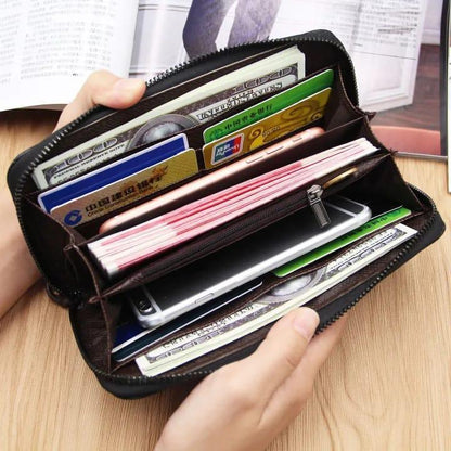 JS JUNOON Unisex Slim Leather Wallet with Zipper Closure – Stylish & Portable, Light Brown/Dark Brown/Black, 1 Pc - JSJunoon.com