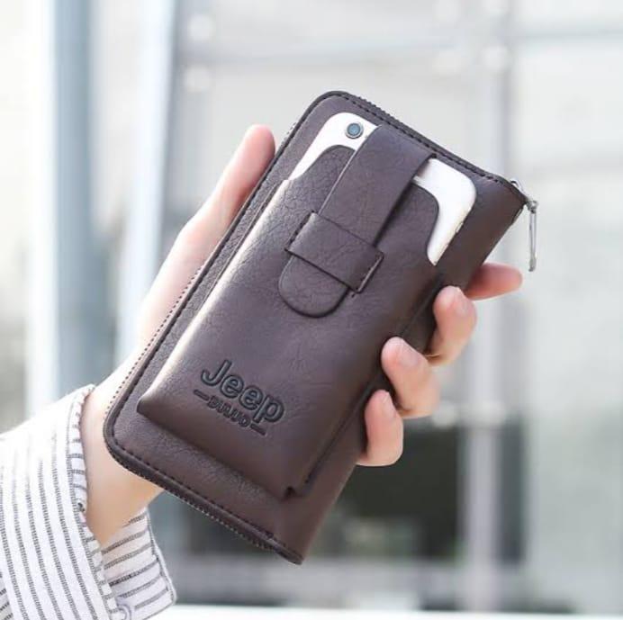 JS JUNOON Unisex Slim Leather Wallet with Zipper Closure – Stylish & Portable, Light Brown/Dark Brown/Black, 1 Pc