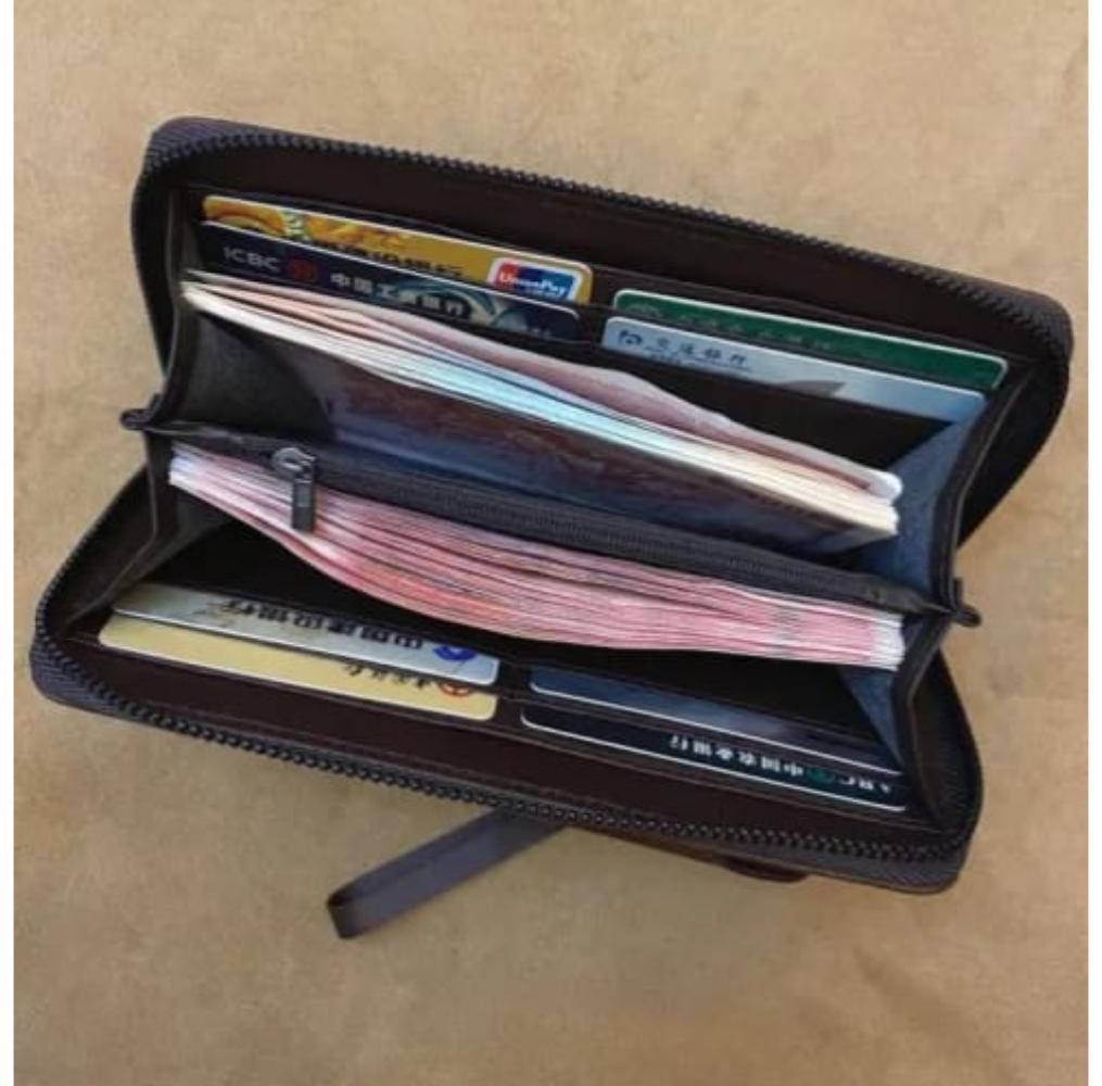 JS JUNOON Unisex Slim Leather Wallet with Zipper Closure – Stylish & Portable, Light Brown/Dark Brown/Black, 1 Pc