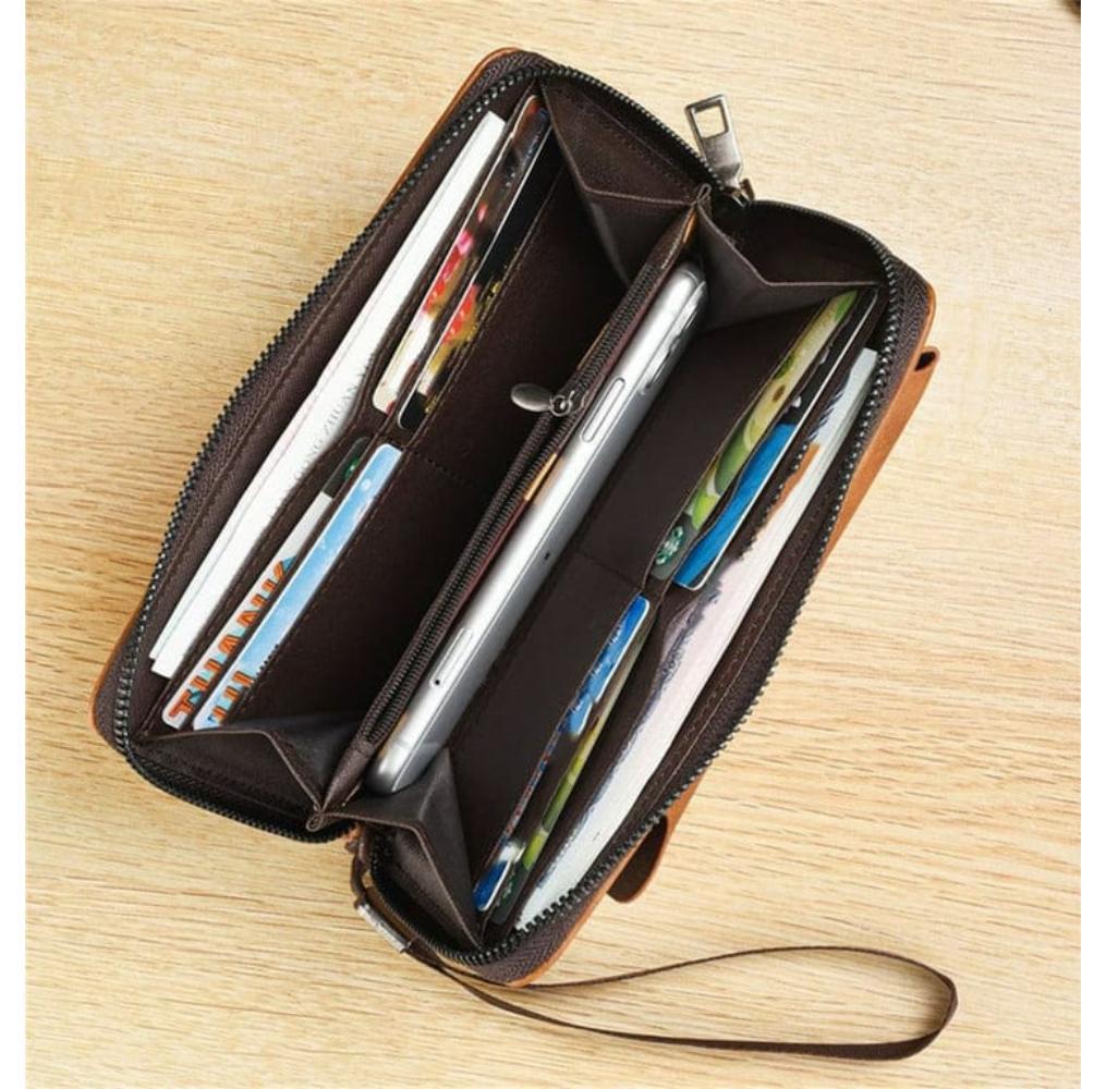 JS JUNOON Unisex Slim Leather Wallet with Zipper Closure – Stylish & Portable, Light Brown/Dark Brown/Black, 1 Pc