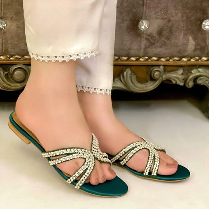 Women’s Casual Embroidered Fabric Slippers – Green, Comfortable Everyday Footwear (Sizes 6–11) - JSJunoon.com