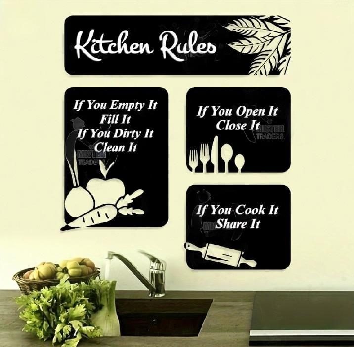 Kitchen Rules Wooden Wall Art – Set of 4 MDF Abstract Frames, Black, Trendy Home & Office Decor