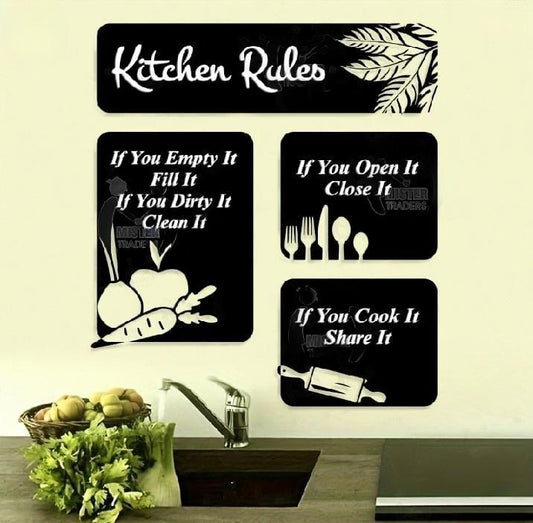 Kitchen Rules Wooden Wall Art – Set of 4 MDF Abstract Frames, Black, Trendy Home & Office Decor