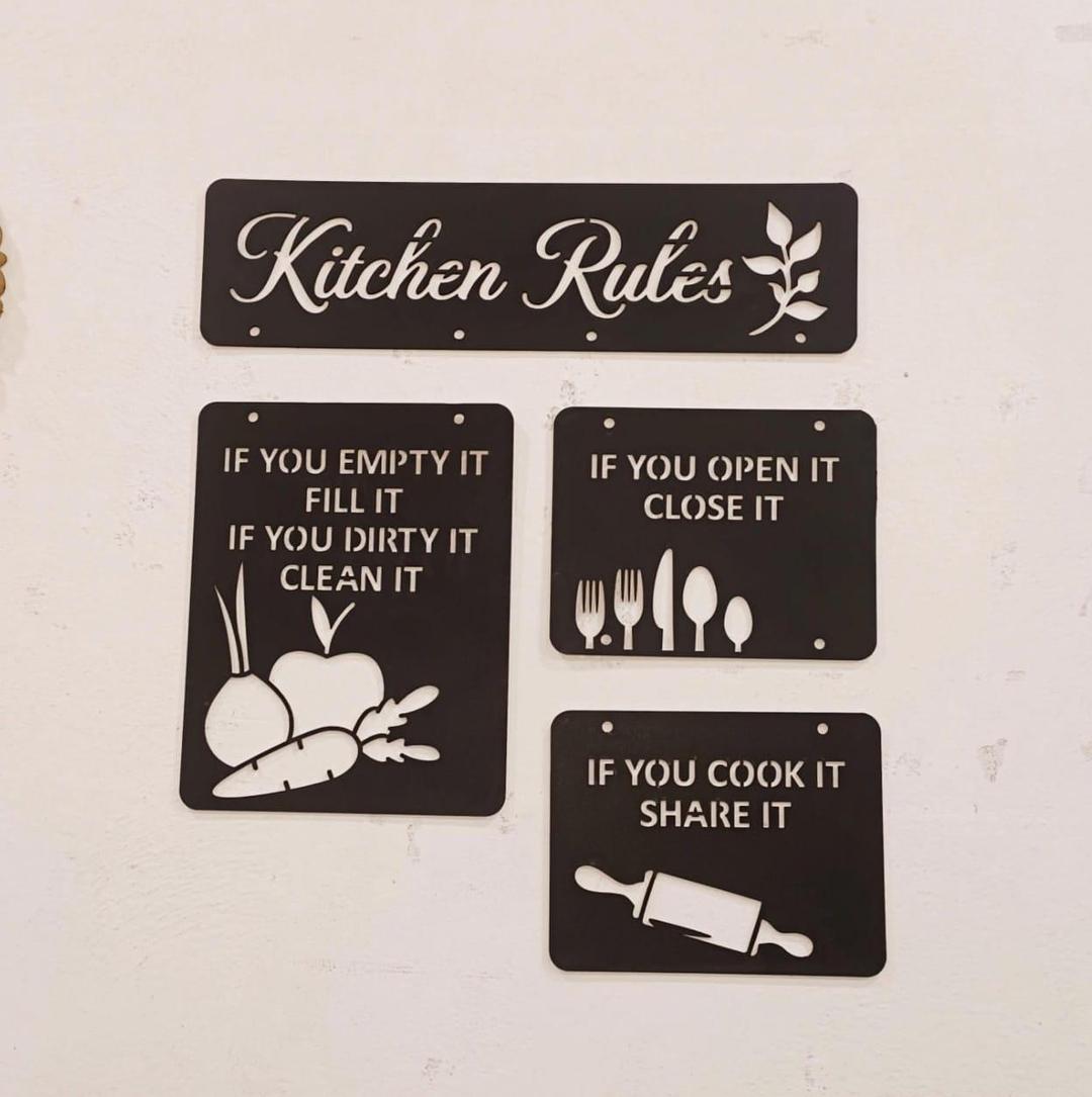 Kitchen Rules Wooden Wall Art – Set of 4 MDF Abstract Frames, Black, Trendy Home & Office Decor