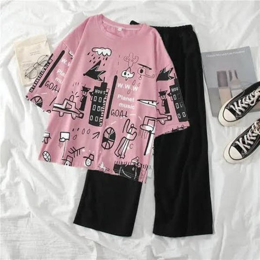 Women’s 2 Pcs Cotton Jersey Printed Nightwear – Pink Round Neck Shirt & Trouser Set