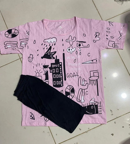 Women’s 2 Pcs Cotton Jersey Printed Nightwear – Pink Round Neck Shirt & Trouser Set - JSJunoon.com