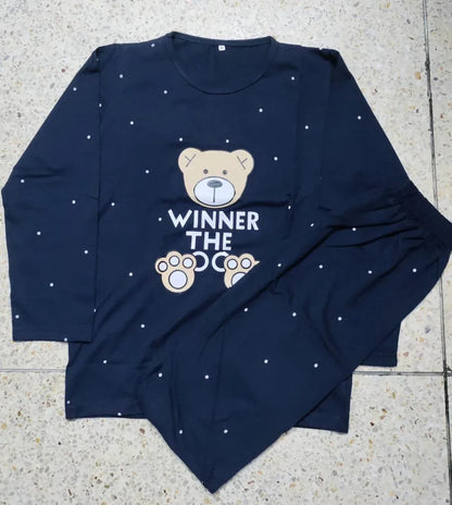 JS Junoon 2 Pcs Women’s Printed Cotton Jersey Night Suit – Blue, Round Neck Sleepwear Set - JSJunoon.com