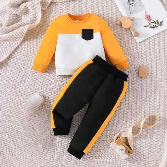 2 Pcs Fleece Printed Tracksuit for Boys & Girls – Yellow Shirt & Trouser Winter Outfit (Ages 3–10 Years)