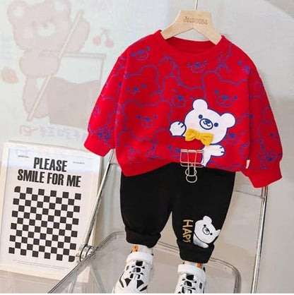 2 Pcs Boy’s Fleece Printed Tracksuit – Red T-Shirt & Trouser Set (Ages 1–10 Years) - JSJunoon.com