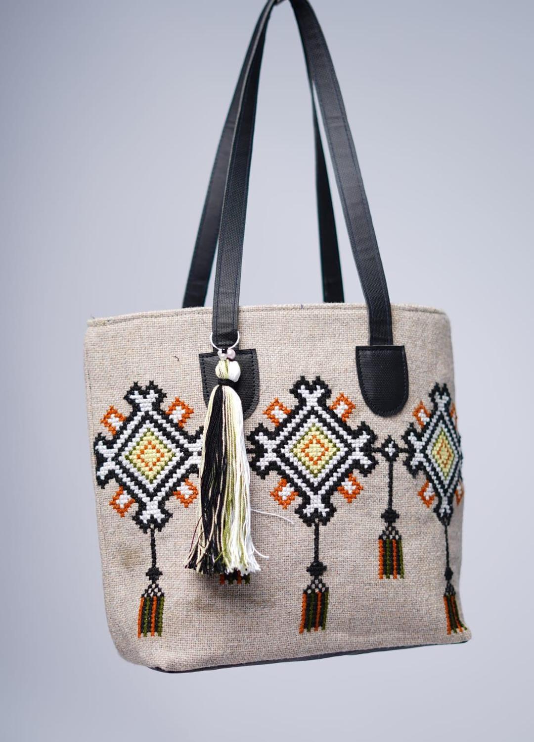 JS Junoon Women’s Jute Embroidered Shoulder Bag – Beige & Black, Stylish Eco-Friendly Handbag